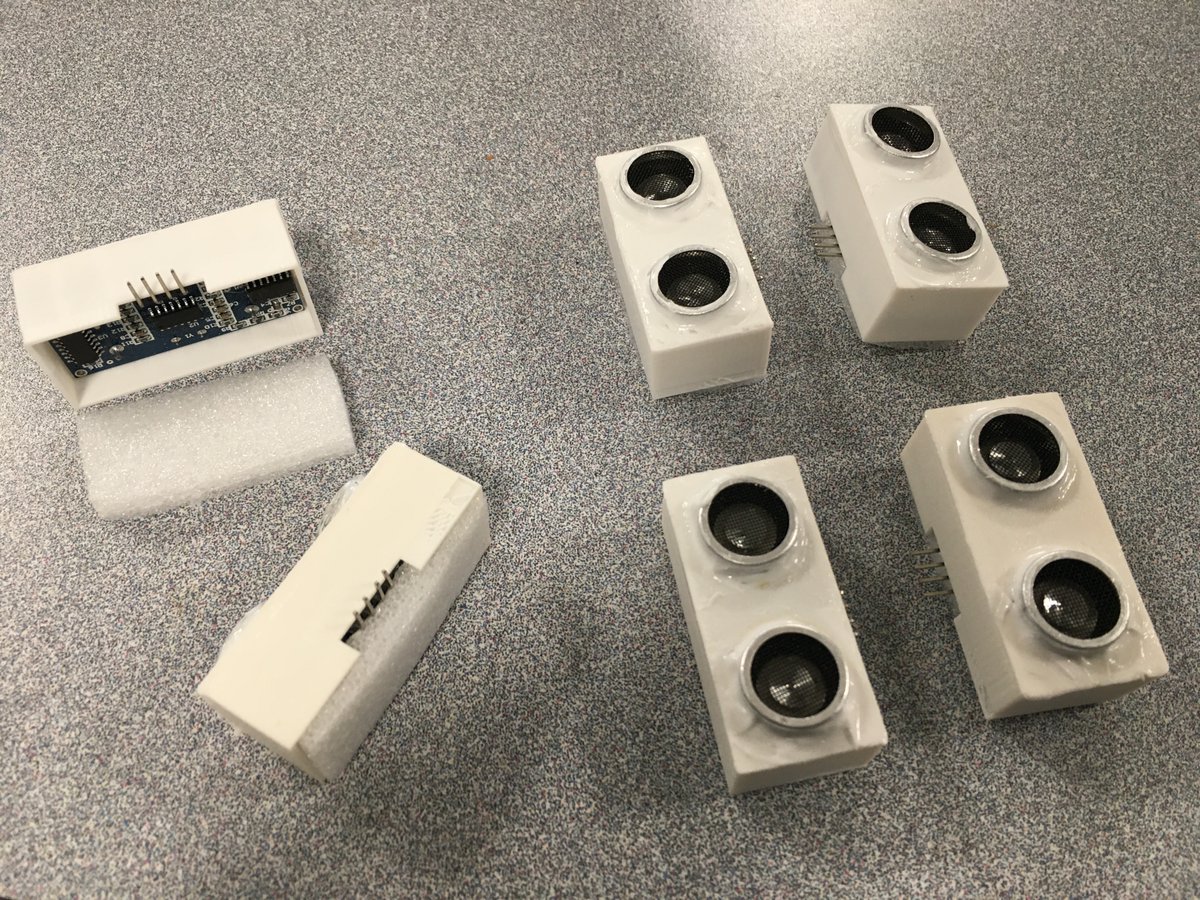 KevinHubick's tweet photo. The last six ultra-sonic sensors and a LIDAR mount are now done (the extra piece is a 45° corner adapter). With the completed assemblies, I can mount all 17 ultrasonic sensors, the 5 LIDAR sensors and single radar sensor on to the chassis for the rover's proximal sensory array. https://t.co/i8OxFRDZJz
