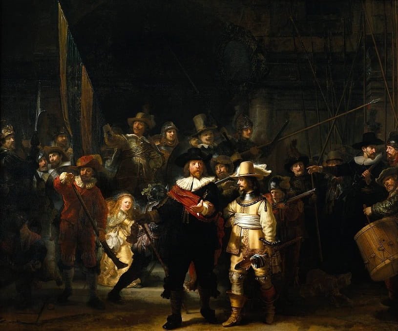 LA RONDE DE NUIT par Rembrandt : Ce tableau illustre une compagnie de la milice dont les membres sont prêts à venir à n’importe quelles heures pour défendre la ville ou pour réprimer des révoltes.