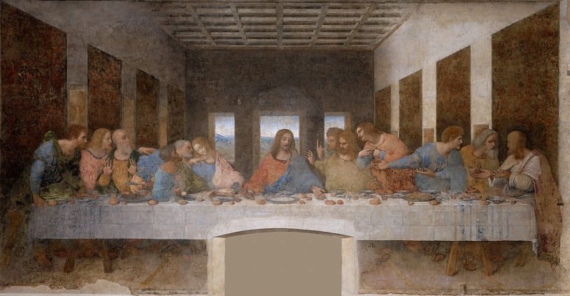 LA CÈNE par Léonard De Vinci : Peinte entre 1495 et 1498 pour l'église de Santa Maria delle Grazie de Milan en Italie, elle a depuis été copiée, réinterprétée à plusieurs reprises par divers artistes. La peinture est restée dans l'église ou elle a été peinte.