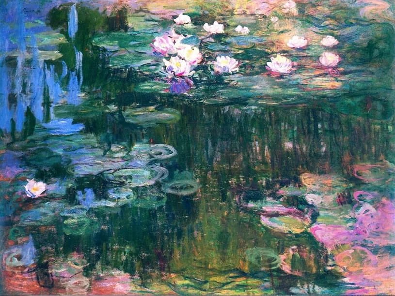 LES NYMPHÉAS par Claude Monet : En 1883, Monet a été frappé par la beauté d’un village français, Giverny, dans lequel il séjournait, il réorganise les paysages dans son jardin pour avoir de l'inspiration pendant son travail. Peint entre 1840 et 1926.