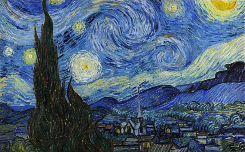 LA NUIT ÉTOILÉE par Van Gogh (1889) : La période 1889 à 1890, Van Gogh a passé à l'hôpital psychiatrique de Saint-Paul-de-Mausole à Saint-Rémy-de-Provence. Ecrite en une journée dans un studio d'hôpital, elle représente une vue de la fenêtre de la chambre de l’artiste.