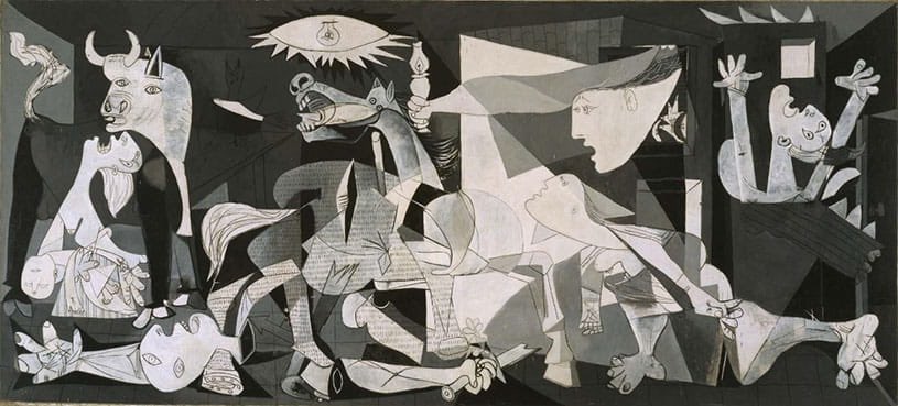 GUERNICA par Picasso (1937) : Montre les tragédies de la guerre et les souffrances qu'elle inflige à des individus, en particulier des civils innocents. C'est une toile murale peinte à l'huile, haute de 3,5 mètres et large de 7,8 mètres. Réside au musée Reina Sofia à Madrid.