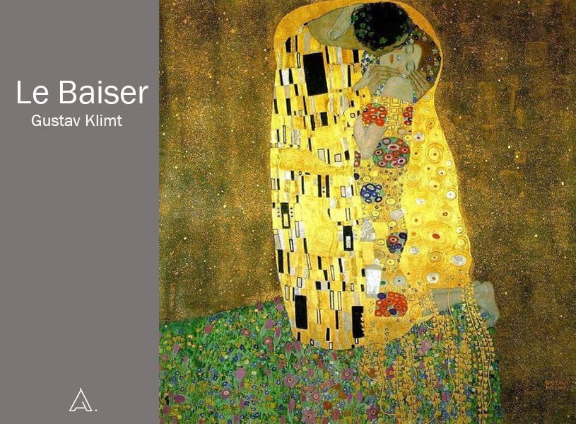 LE BAISER par Gustave Klimt (1907-1908) : L'aura de la toile et sa beauté expriment la valeur de l'or et représentent le couple d'amoureux comme un symbole de bonheur érotique insouciant. Elle se trouve en Österreichische Galerie Belvédère, palais du Belvédère, Vienne.