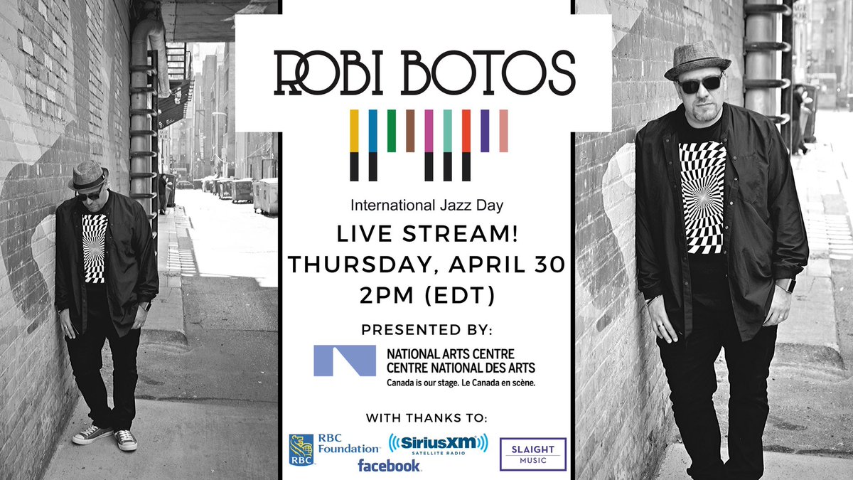 Just about one hour away from Robi's #JazzDay live stream, presented by @CanadasNAC! Head over to facebook.com/robibotos at 2pm to join in. Robi wishes to thank @siriusxmcanada @SlaightMusic @RBC Foundation and @Facebook for their generous support of #CanadaPerforms!