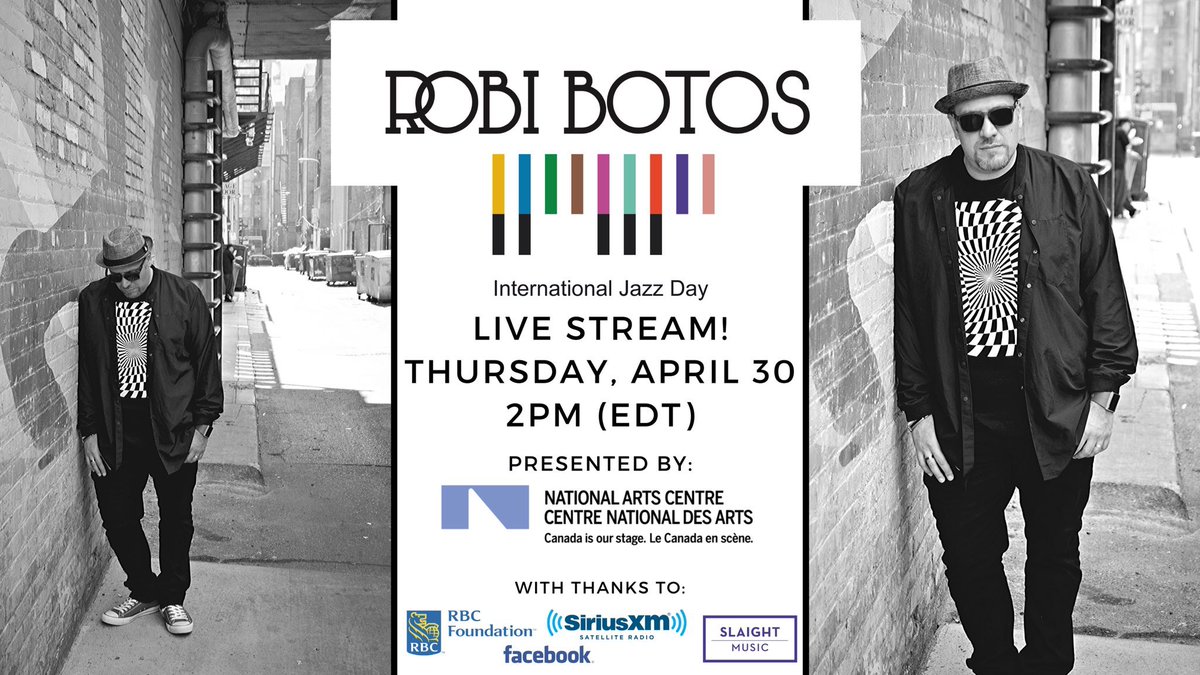 Just about one hour away from Robi's #JazzDay live stream, presented by <a href="/CanadasNAC/">National Arts Centre</a>! Head over to facebook.com/robibotos at 2pm to join in. Robi wishes to thank <a href="/siriusxmcanada/">SiriusXM Canada</a> <a href="/SlaightMusic/">Slaight Music</a> <a href="/RBC/">RBC</a> Foundation and <a href="/Facebook/">Facebook</a> for their generous support of #CanadaPerforms!