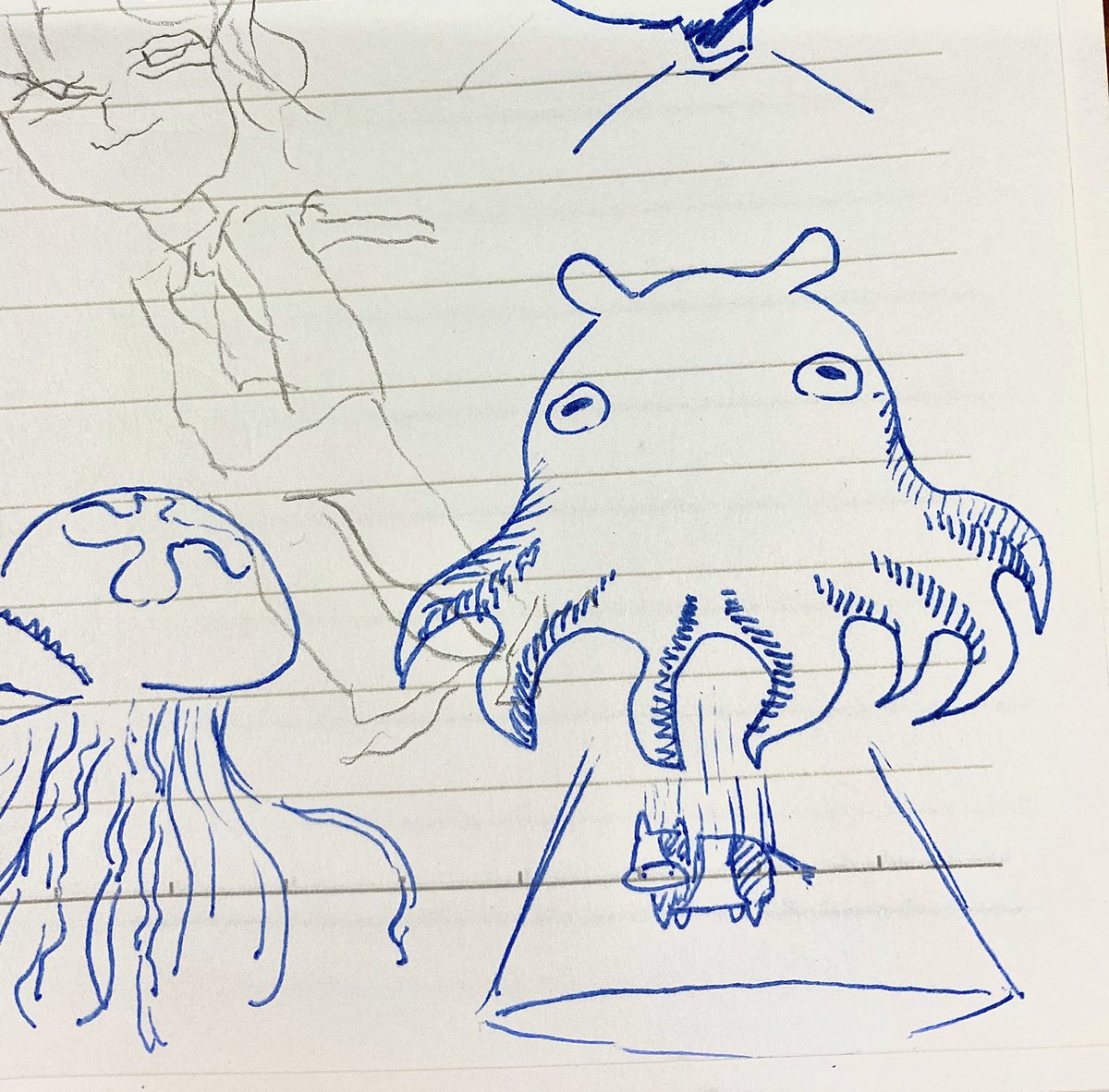 脳死しながら落書き帳してたら可愛いメンダコUFOできてた。左上のは右手で書いたムザンサマ 