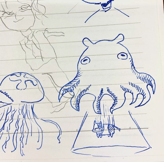 脳死しながら落書き帳してたら可愛いメンダコUFOできてた。左上のは右手で書いたムザンサマ 