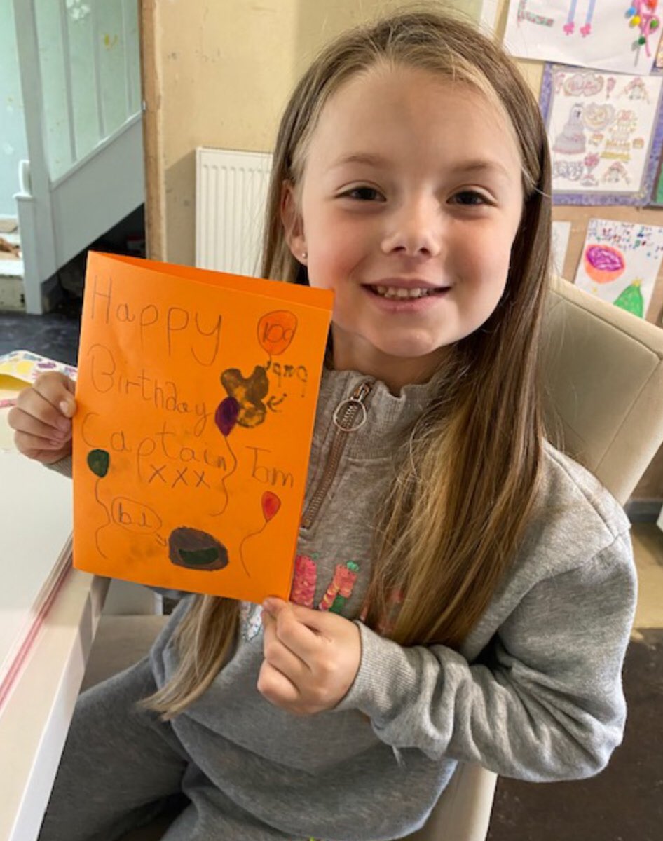 Purford_Green's tweet photo. Happy 100th birthday card @captaintommoore Ella in Year 1 #makeacardfortom https://t.co/lwutcEJRX9