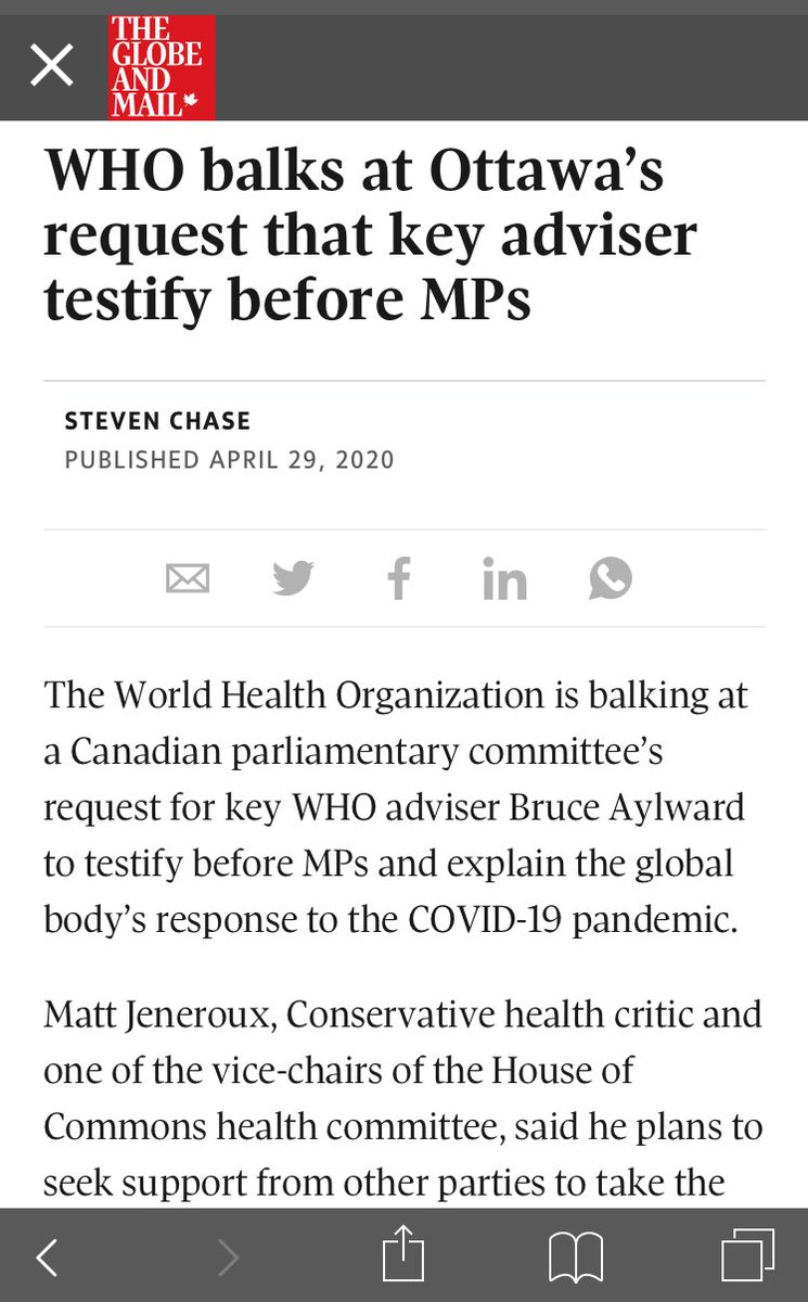 Beyond disturbing. #WHO 🤦‍♂️ @NDP @liberal_party @CPC_HQ Where is “no-show” Bruce Aylward? #LeadershipMatters #cdnpoli 🇨🇦 “WHO balks at Ottawa’s request that key adviser testify before MPs” theglobeandmail.com/canada/article…