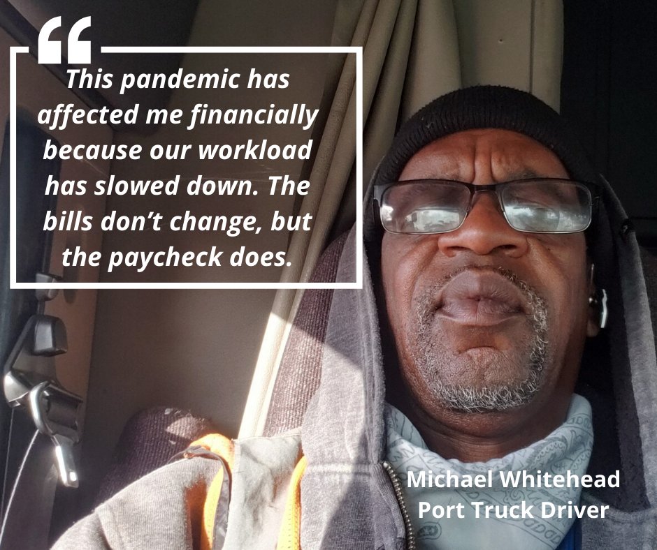 OurPortLA's tweet photo. Port drivers like Michael Whitehead are speaking out during #WorkersMemorialWeek. Drivers need to work but there isn’t enough work right now. Drivers deserve cash assistance, unemployment and a moratorium on truck payments during the pandemic. #MyHealthIsYourHealth https://t.co/1eAbe59K7M