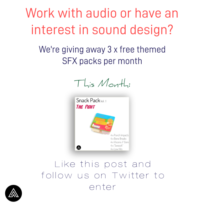 AudiacAudio's tweet image. We’re doing a monthly giveaway of #samplepacks this month it's the sounds needed for a #fightscene

Like this tweet &amp;amp; follow us on Twitter for a chance to win!

Here's some SFX in action:
youtube.com/watch?v=9diWqV…

#sounddesign #soundeffects #foley #soundesigner #freesoundeffects