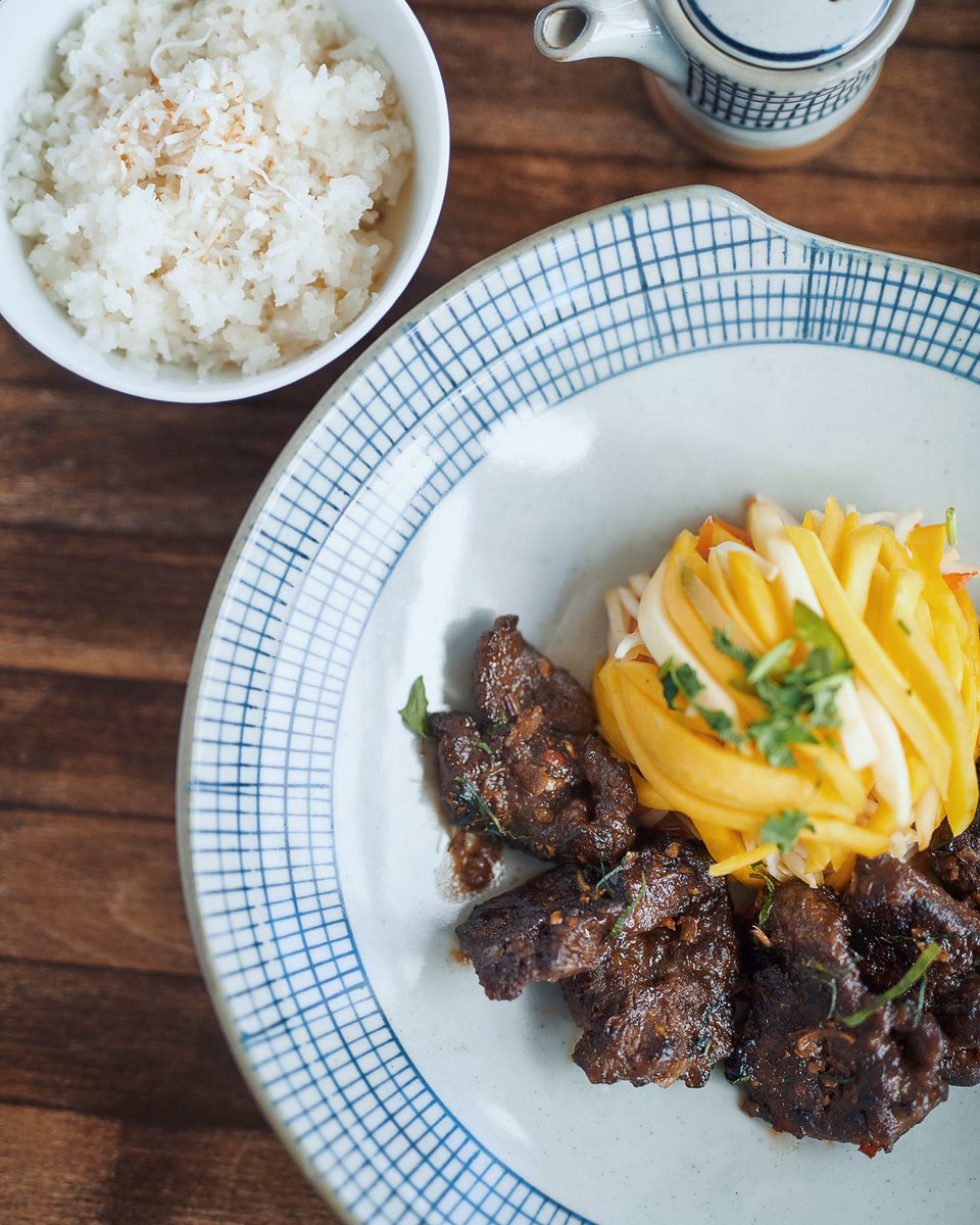oddcoupleyxe's tweet photo. Our kitchen crew is back at it today!  This warm weather is perfect to try our Beef Tenderloin + Mango + Coconut Rice.  Open today for takeout and delivery 4pm - 8pm. #yxe #asiantakeout #beeftenderloin #mango #coconutrice https://t.co/CZBVqh6CEb