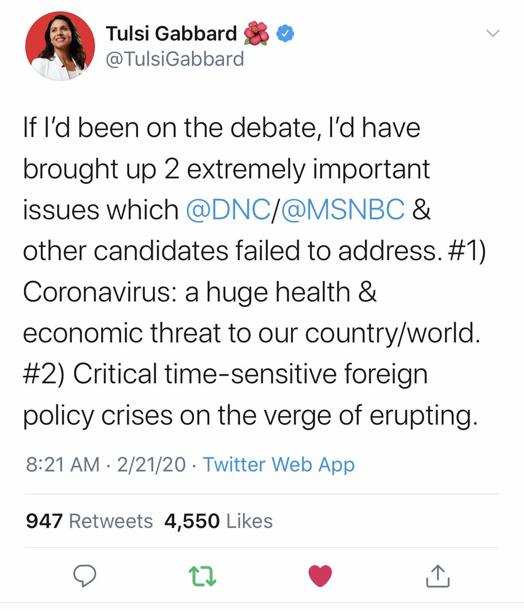 Cheese12987's tweet photo. Kind of crazy how @TulsiGabbard was the very first member of Congress to sound the alarm on the #CoronavirusPandemic, was the first to introduce #UBIStimulus legislation, &amp; the only one that isn’t sending out Unity Fund emails telling her supporters to vote for @JoeBiden https://t.co/Du7TBkW8lr
