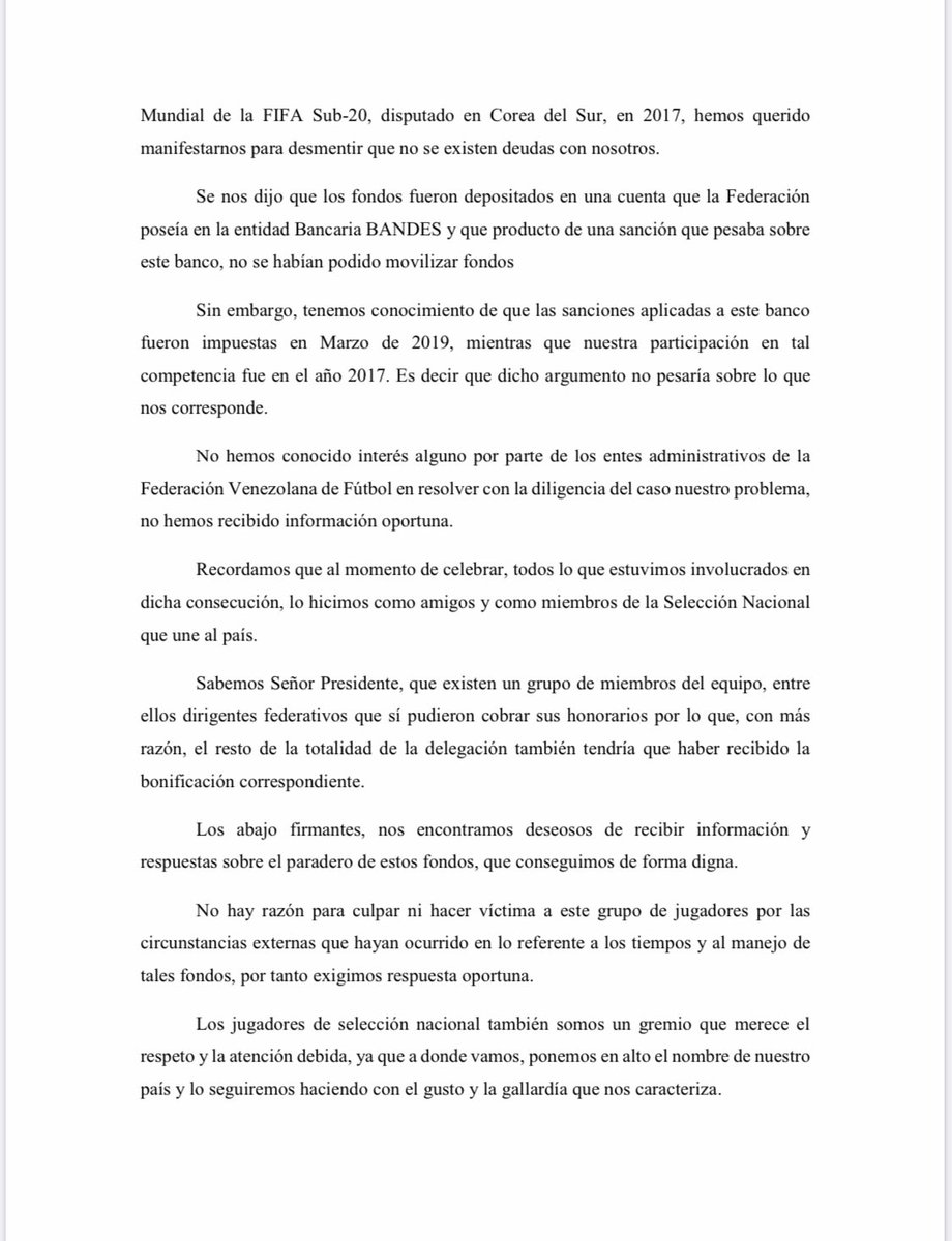 RaulZambrano7's tweet photo. ATENCIÓN: Los Subcampeones del Mundo Sub-20 Corea 2017 reclaman sus premios individuales por lo conseguido en ese torneo FIFA.

Pasaron 3 años y la deuda de $34.979,81 sigue vigente.

Aquí redactaron una carta dirigida al presidente de la FVF. https://t.co/B5EHLIQvVn