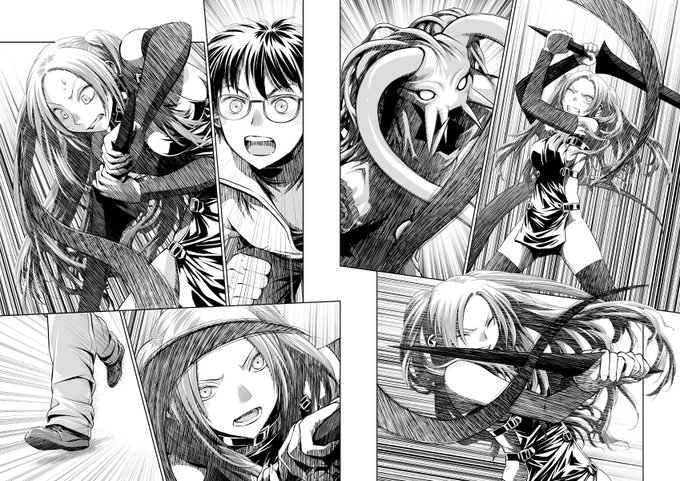 愚作「鞘-SAYA-」から、台詞フキダシ擬音無し絵、その,11
基本的には見開き2ページ分で作業しています 