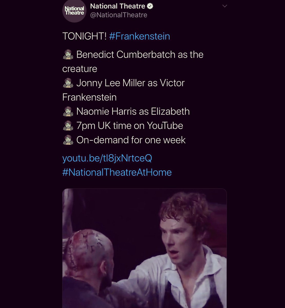OLHS_English's tweet photo. A MUST WATCH FOR ALL YEARS!!!
👨‍🔬☠️🤖
Frankenstein is live on YouTube at 7pm (you can watch at a later time).
An exciting watch for the whole family so why not have a night at the theatre in your own home? 
Copy the link: https://t.co/0BsdMnbUtn
#nationaltheatreathome https://t.co/zW5PuK3f1c