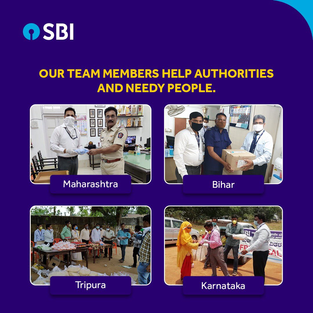Our team from Maharashtra handed-over face masks, sanitizer and biscuits to policemen, the team from Bihar provided sanitizer, hand gloves and face masks to fire brigade staff while the teams from Tripura and Karnataka helped the needy people by distributing food items. #TeamSBI