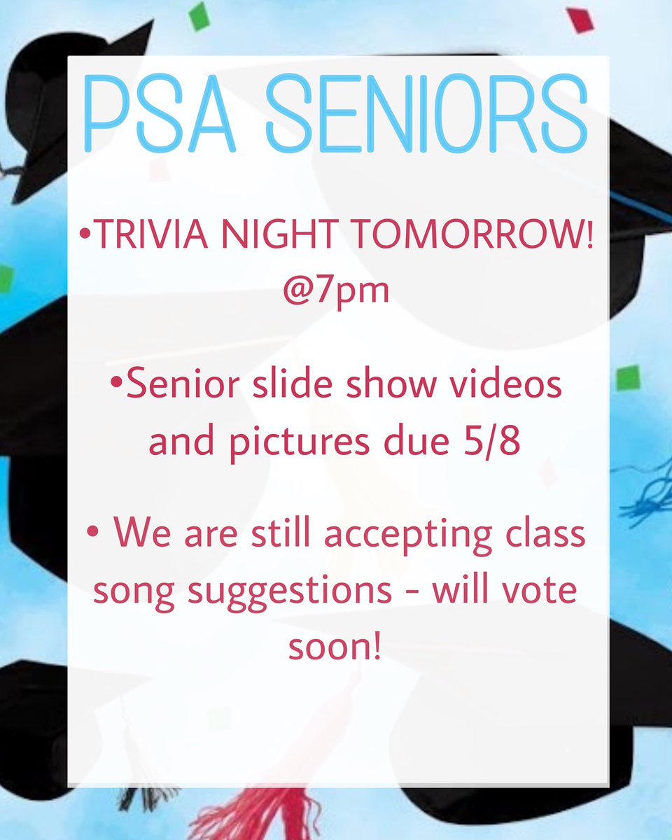 Slideshow and song submissions can be sent in via this twitter (DM), our instagram @shepherdhill2020, or emailed to SHRHSseniors@gmail.com 

Hope to see you at trivia tomorrow night!