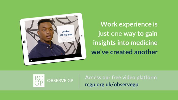 Bristol_GPSOC's tweet photo. Itβs launch day for #ObserveGP! https://t.co/Q2YHANgAgY
For all aspiring medics who want to complete online work experience and gain an insight into general practice, follow the link above to the new online video platform created by @TeamGP #rcgp #work #experience #medicine https://t.co/2wZYT6AtXh