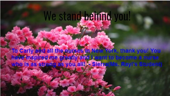 fcacad's tweet image. The Academy Intro to Nursing instructor, Jan Rayl, asked her students to send supportive messages to Carly Preston, a front-line nurse in NYC&apos;s ICU who volunteered to work during this pandemic.  Here are some of what they have sent her.   @write4jan @FCPSR2 @HOSAfallschurch