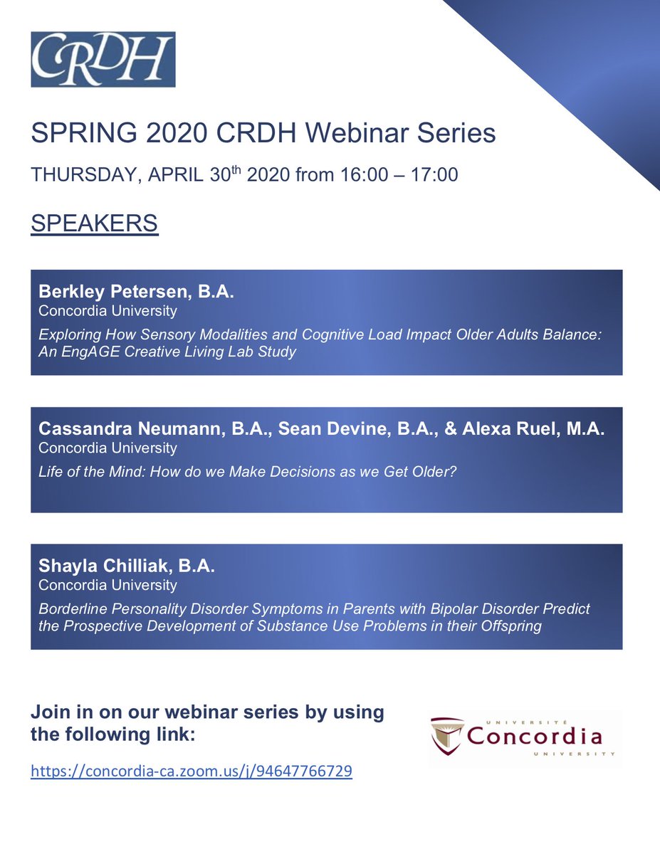 Department of Psychology - Concordia University (@psyc_concordia) on Twitter photo <a href="/psyc_concordia/">Department of Psychology - Concordia University</a>'s CRDH is hosting it's Spring 2020 CRDH Webinar Series, today April 30th, 2020 featuring Berkley Peterson, Cassandra Neumann, Sean Devine, Alexa Ruel and Shayla Chilliak. Don't miss out! Zoom link in image <a href="/psyc_concordia/">Department of Psychology - Concordia University</a>'s CRDH is hosting it's Spring 2020 CRDH Webinar Series, today April 30th, 2020 featuring Berkley Peterson, Cassandra Neumann, Sean Devine, Alexa Ruel and Shayla Chilliak. Don't miss out! Zoom link in image