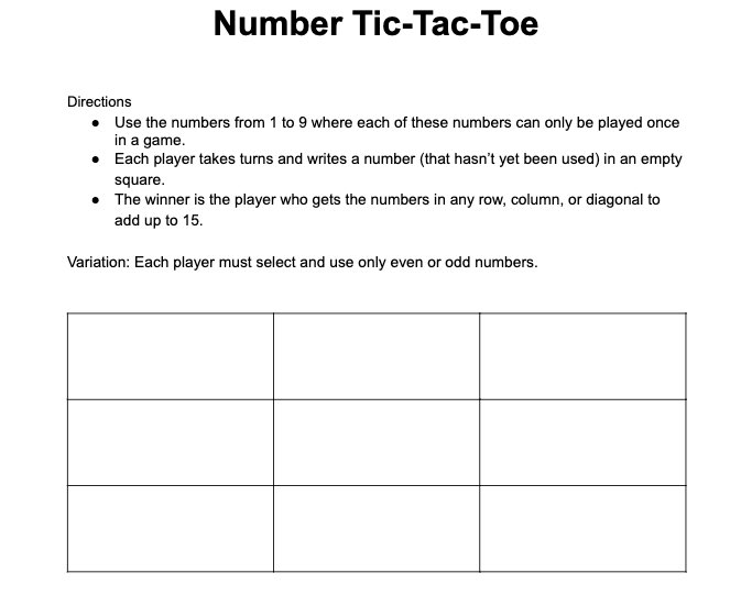 So many ways to play tic-tac-toe! Thank you <a href="/JenSearsAPS/">Jennifer Sears</a> and Ms. Obsenshain for teaching us this math game! See the directions attached. #HomeWithAPS <a href="/NMPBS/">New Mexico PBS</a> <a href="/ABQschools/">Albuquerque Public Schools</a>