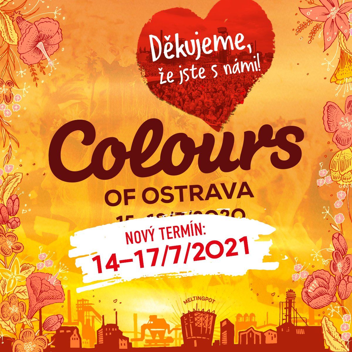colours_cz's tweet photo. Vážení přátelé, dlouhou dobu jsme doufali a věřili, ale realita je tady. Neradi vám oznamujeme, že letošní 19. ročník Colours of Ostrava jsme nuceni z důvodu koronavirových opatření přesunout na 14.–17. července 2021. Opatrujte sebe i své blízké, buďte zdraví a plní optimismu 💛 https://t.co/BCWhpbzE7Y