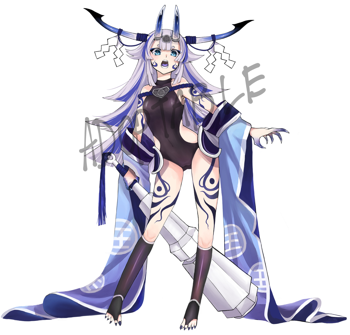 Adoptable character No.01 #鬼 #青鬼 #入れ墨 #white #白髪 #髪下ろし #角娘 #角 #青 #着物 https://t.co/F9NQMg6HPm 