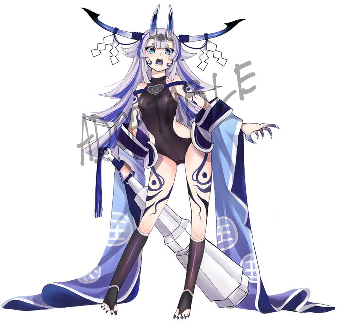 Adoptable character No.01 #鬼 #青鬼 #入れ墨 #white #白髪 #髪下ろし #角娘 #角 #青 #着物 https://t.co/F9NQMg6HPm 