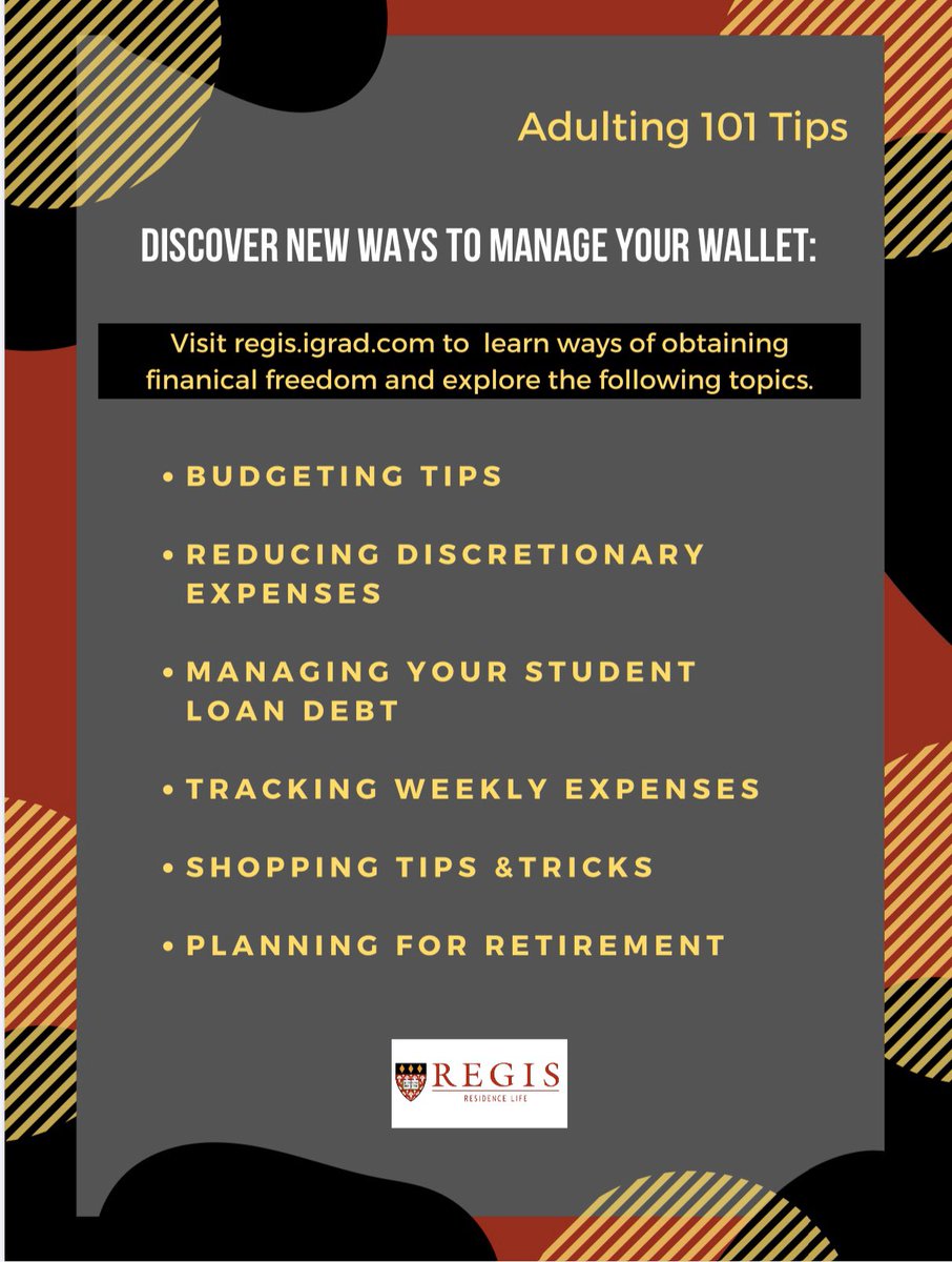 RegisMA_ResLife's tweet photo. Go to igrad for more tips on budgeting!!!
#roarpride #regisreslife https://t.co/qQoONcLVgr