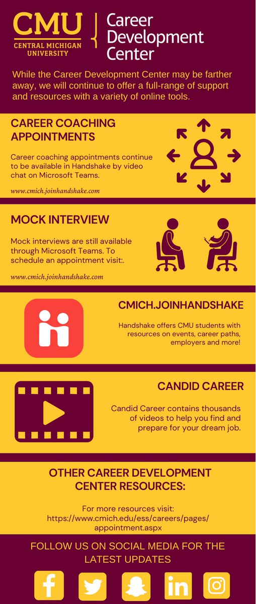While the Career Development Center may be farther away, we will continue to offer a wide range of support and resources with a variety of online tools.
Check out some of our resources available here⬇️