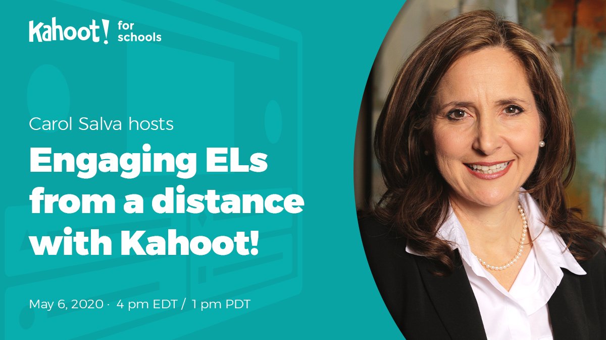 Kahoot's tweet photo. 💻 Next week, @MsSalvac 👩‍🏫 is hosting a free webinar about how you can engage English learners with Kahoot! #ells #ESL #Ellchat 
Don’t miss it! ⬇️ 
https://t.co/HtL5t7ONyS https://t.co/Lj23jaqnyd