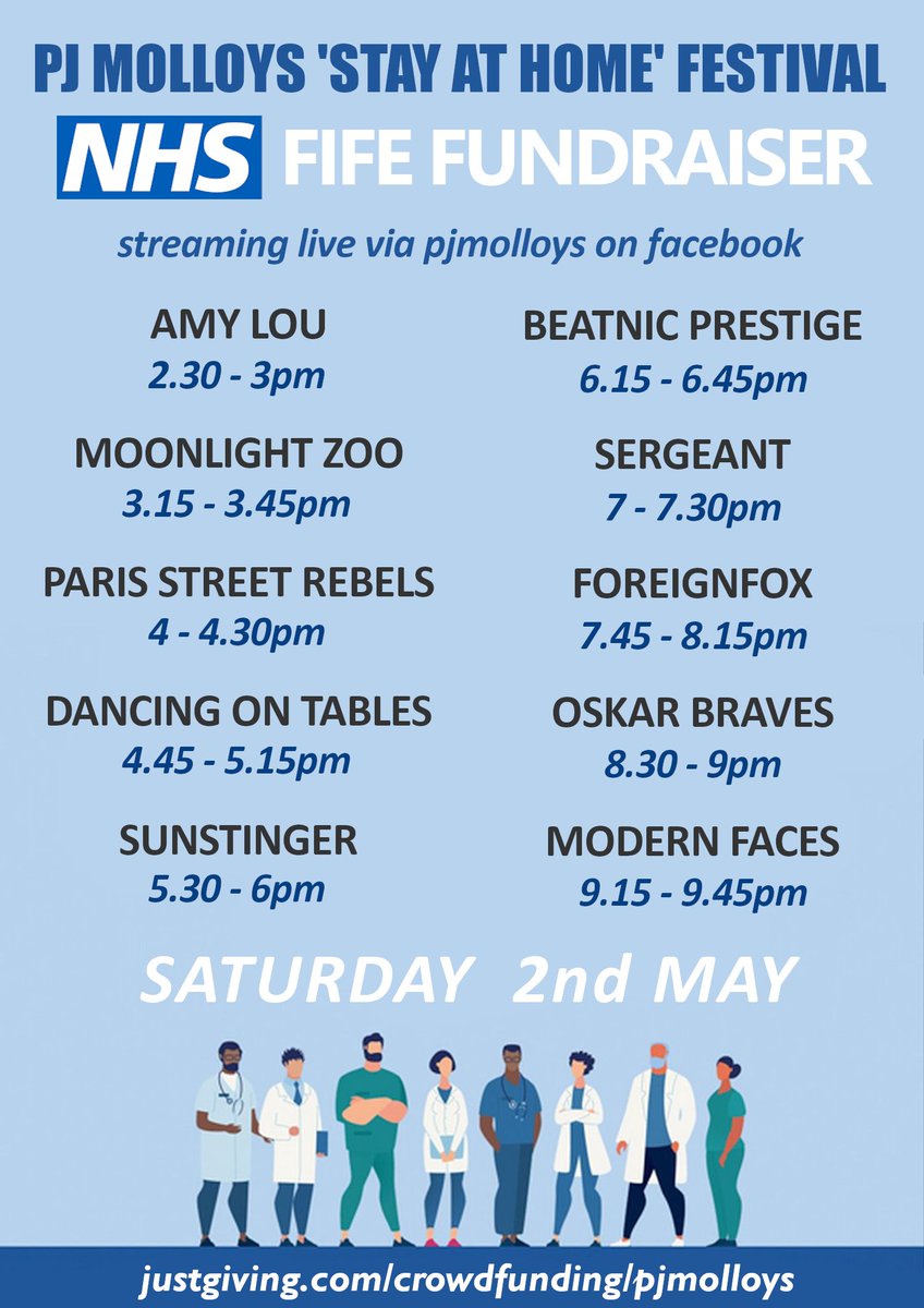 WeekendRev's tweet image. ANNOUNCEMENT: Stay At Home Festivsl this Saturday via @PJMolloys Facebook. All in aid of @nhsfife