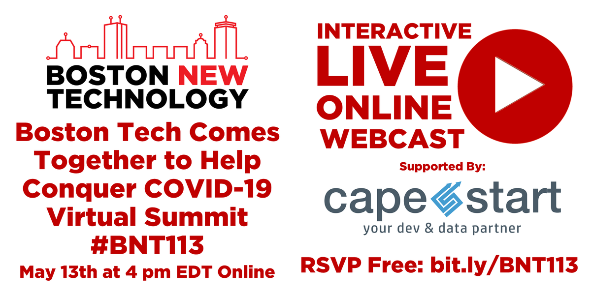 BostonNewTech's tweet photo. Join us for:
#Boston #Tech Comes Together to Help Conquer #COVID19 #VirtualSummit #BNT113
w/ @TopVirusInfo @StanleyBlkDeckr @CoVentChallenge @VentilatorProj @Toucan_Toco @CoronaTrackApp @RubixLS @InkdStores @RiffAnalytics @Cutii_io
5/13 https://t.co/xi4e26WpCC
#startups https://t.co/7S66bobpLy