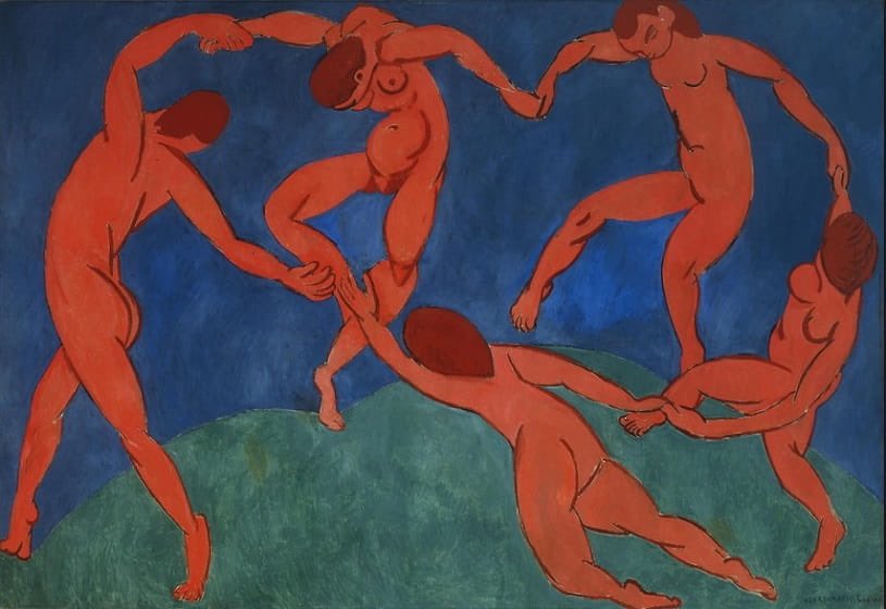 LA DANSE par Matisse : En 1909, un industriel russe extrêmement riche demande à Matisse de créer trois grandes toiles pour décorer sa maison. Il existe deux versions de la peinture : la première au Musée d'art moderne à New York, la 2e et dans l'Ermitage à Saint-Pétersbourg.