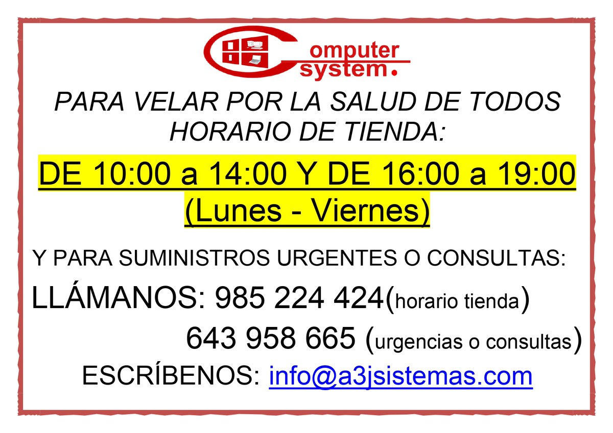 ComputerS_A3J's tweet photo. A partir del próximo día 4 de mayo nos tenéis disponibles en la tienda también por las tardes... Comenzamos la desescalada. ¡¡¡Ánimo!!! Ya está más cerca... https://t.co/C3IIvbMpOz