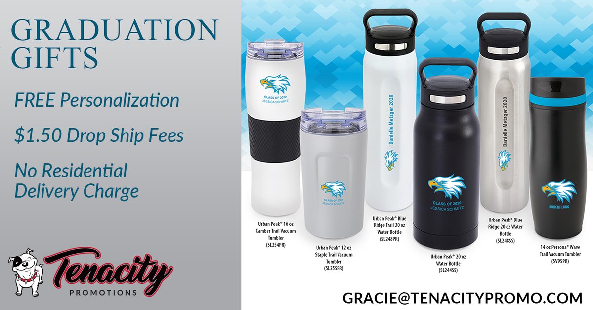 TenacityPromo's tweet image. Consider personalized #tumblers and other gifts as you look for creative ways to recognize grads for their hard work and achievement. #personalization is free and drop-shipping to homes is only $1.50 extra.
Get in touch with us for details! #Classof2020  #classof2020strong