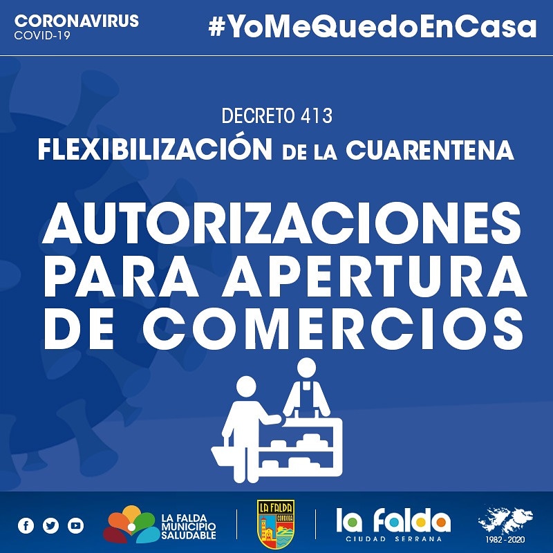 INFORMACIÓN IMPORTANTE PARA COMERCIANTES: 
La  Municipalidad de Falda informa que, excepcionalmente, abrirá en los siguientes horarios ÚNICAMENTE para autorizar la apertura de comercios: Jueves 30/04: de 16h a 19h y Viernes 01/05: de 9h a 13h
A partir del lunes 04/05 de 8h a 13h