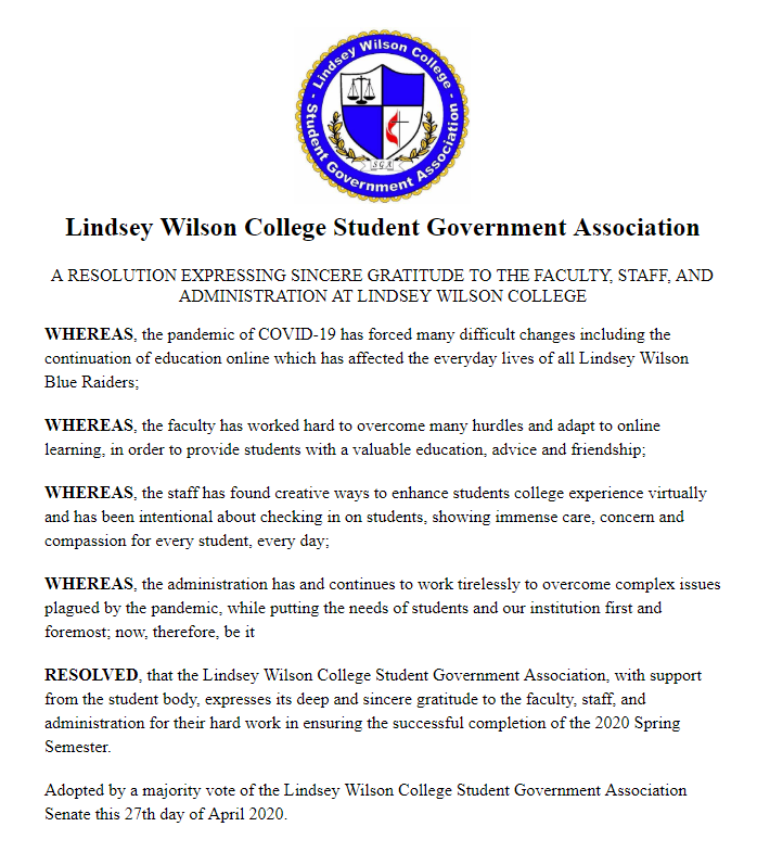 LWCSGA's tweet photo. On this #ThankfulThursday we express our sincere gratitude to the faculty, staff and administration @LindseyWilson! Thank you for all you have done to live out the mission "every student, every day" throughout this pandemic and the 2020 spring semester! #LWCisFamily https://t.co/TxcWfWOa9t