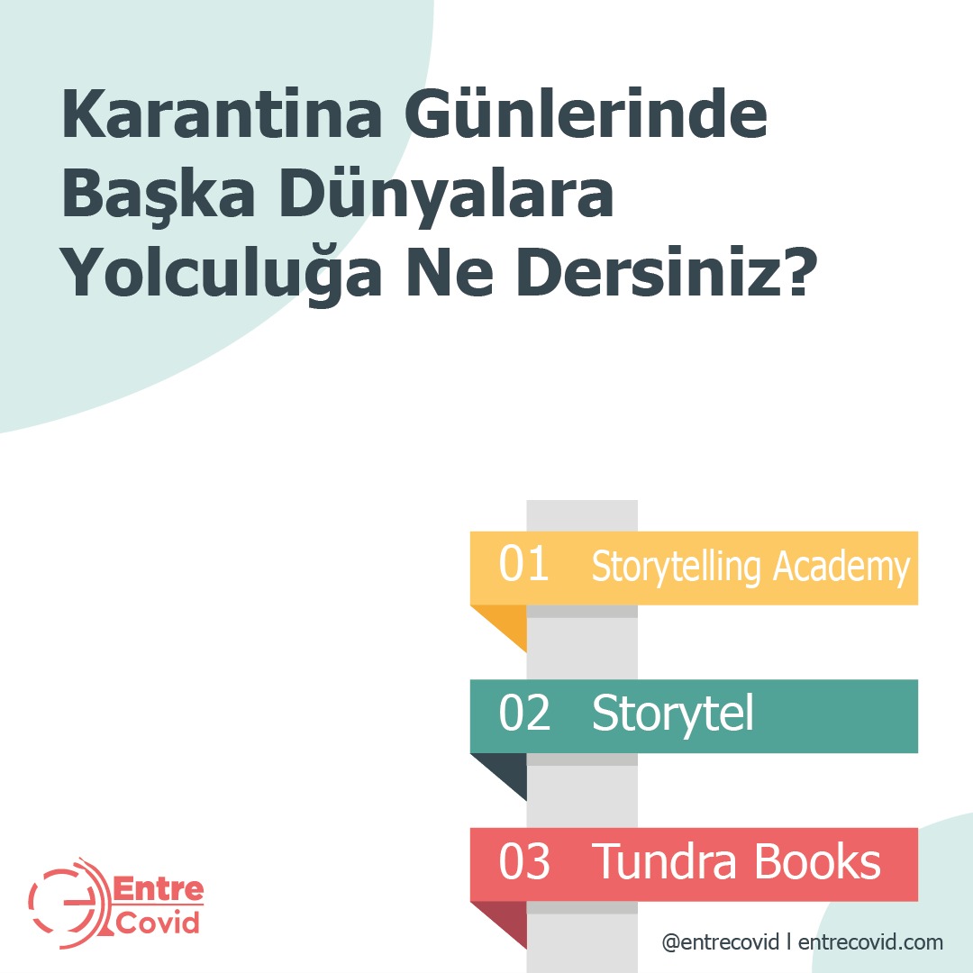 EntreCovid ekibi olarak karantina günlerinde sizi başka dünyalara yolculuğa davet ediyoruz! 😎

1- Story Telling Acadmy <a href="/story_academy/">storytellingacademy</a>
 entrecovid.com/evdekal/hepsi/… 
2- Storytel  
entrecovid.com/evdekal/hepsi/…
3-<a href="/TundraBooks/">Tundra Books</a>  
 entrecovid.com/evdekal/hepsi/…