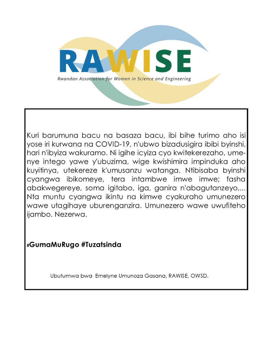 STEMWomenRwanda's tweet photo. Umunezero wawe uwufiteho ijambo. Ubutumwa bwa @mlyngu  #GumaMuRugo #TangaUmusanzu #Nezerwa #Tuzatsinda https://t.co/lOeIHxnj6K