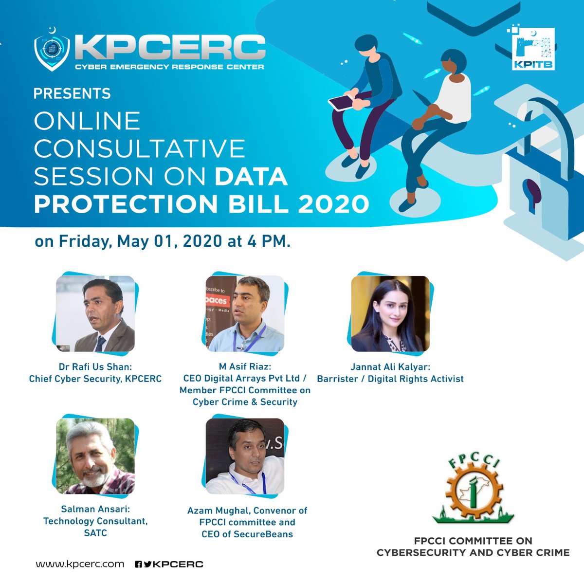 KPCERC's tweet photo. #KPCERC presents an #Online Consultative Session on "Data Protection Bill 2020" on Friday, May 01, 2020 at 4 PM.

Live at KPCERC #Facebook Page &amp; #Youtube Channel.

#Webinar #CyberSecurity #DataProtection #PersonalDataProtectionBill2020 https://t.co/XQURdQoF6c
