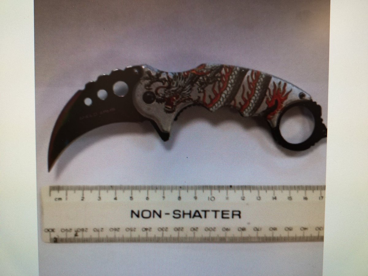 Lots of media chat about police use of force. Tonight, officers tried to speak to two men in Harwell Ct. Both violently resisted.  Thankfully both arrested. It was only afterwards the officers learnt one male had this on him with blade ready to use Log 402 #PolicebyConsent