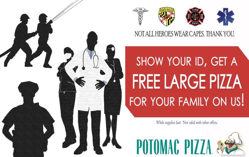 Hey #Potomac #Bethesda #ChevyChase #Rockville! ⁦<a href="/potomacpizza/">Potomac Pizza</a>⁩ is showing their support for #frontlineworkers by offering free pizza when they show their IDs. Spread the word! ⁦<a href="/Bethesda_Mag/">Bethesda Magazine is now MoCo360</a>⁩ ⁦⁦@BethesdaBeat⁩