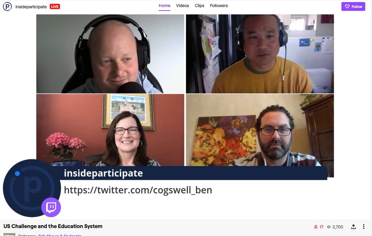 joincalie's tweet image. CUE member and all-around rockstar @cogswell_ben getting a major shout-out right now on the #USChallenge livestream with CUE Exec. Dir. @pgilders CTA and  @participate. LIVE right now on @Twitch -&amp;gt;twitch.tv/insideparticip…&amp;lt;-
 #edchat #edtech #k12 #edreform #covid19