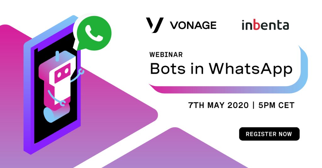 Vonage's tweet photo. Would you like to know how to integrate a #chatbot in #WhatsApp? Join our webinar with @inbenta and learn how (in Spanish). https://t.co/LvrgFPGkGE #customermessaging https://t.co/oN4jI5UEuD