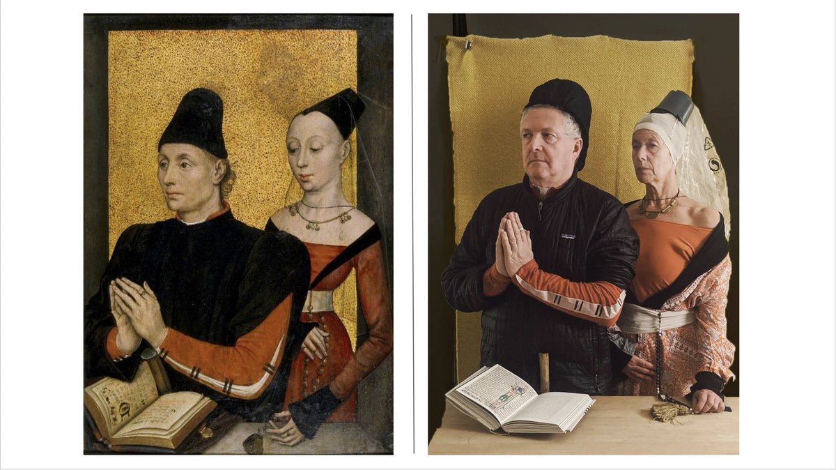 Day 42A Man and his Wife by Master of the Barbara Legend, c.1470-90.Her Husband and His Wife by Molly of All Trades, Master of None, c. 2020. #parentalpandemicportraits