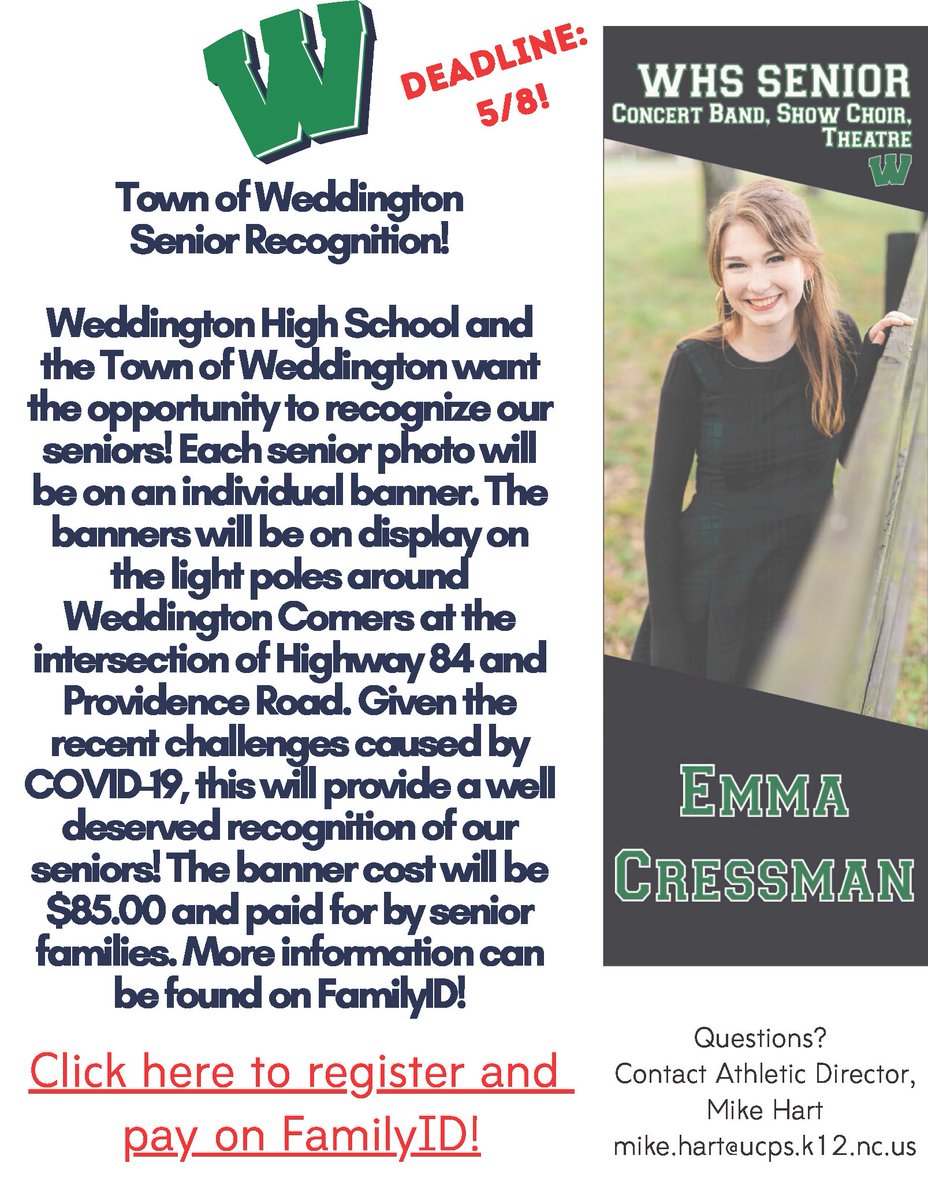 Weddington High School (@weddingtonhsnc) on Twitter photo Attention Senior Families! Check out this cool opportunity to recognize your senior! We are proud to partner with the Town of Weddington for this project! Register today through <a href="/myFamilyID/">FamilyID, Inc.</a> ! Registration closes 5/8! #UCPSGrads familyid.com/weddington-hig… Attention Senior Families! Check out this cool opportunity to recognize your senior! We are proud to partner with the Town of Weddington for this project! Register today through <a href="/myFamilyID/">FamilyID, Inc.</a> ! Registration closes 5/8! #UCPSGrads familyid.com/weddington-hig…