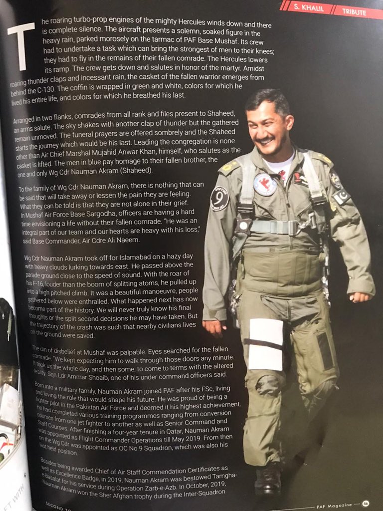 salmanakram741's tweet photo. “His, is a story of guts and glory. His records were enviable which grew systematically, and soared into PAF’s history after winning the coveted Top Gun title ‘Sher Afgan’.”
Tribute to Wg Cdr #NaumanAkram Shaheed in ‘’Second to None” magazine. #NomanAkram https://t.co/k4Ip59iZM9