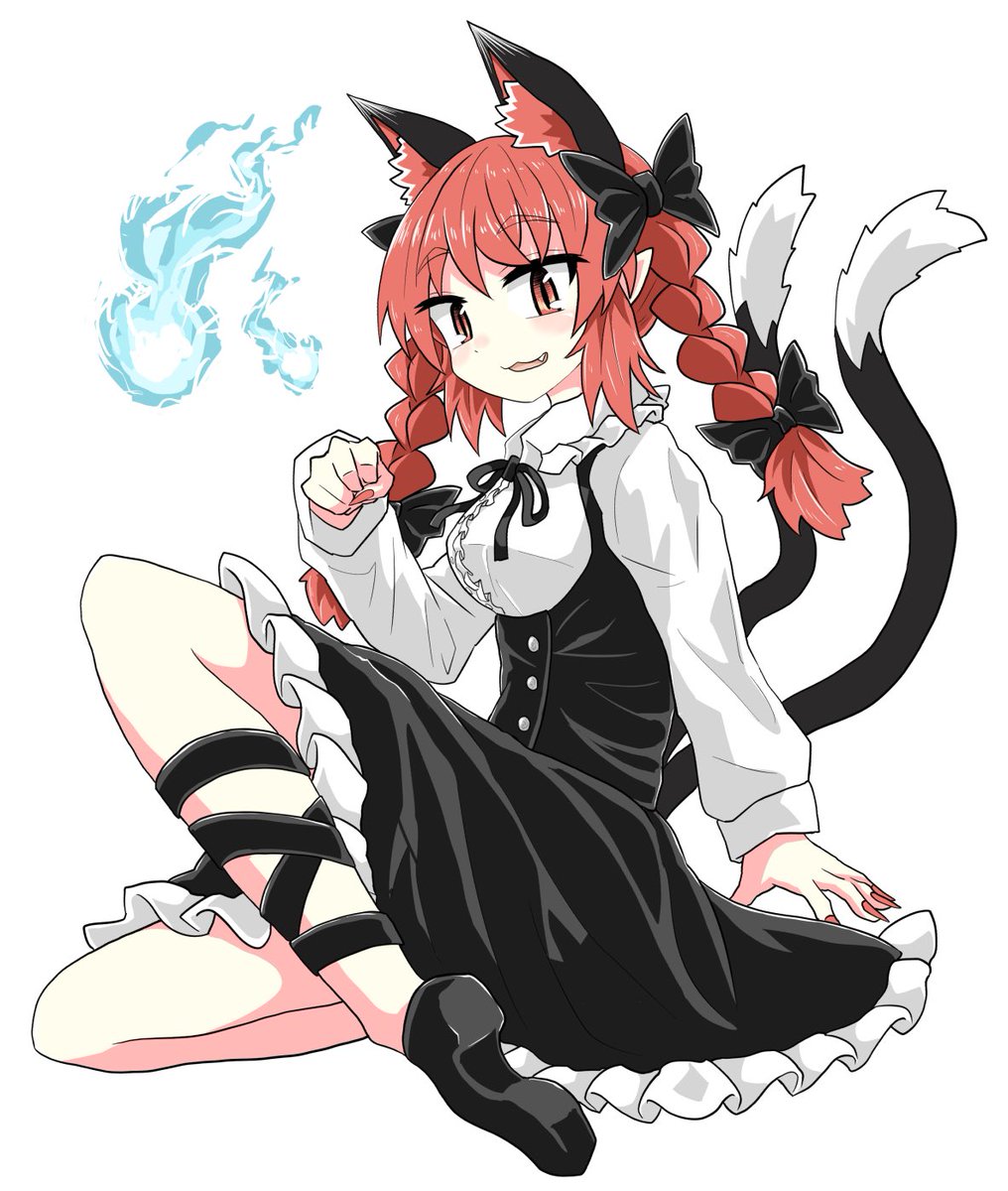 kaenbyou rin 1girl animal ears tail red hair cat ears solo multiple tails  illustration images